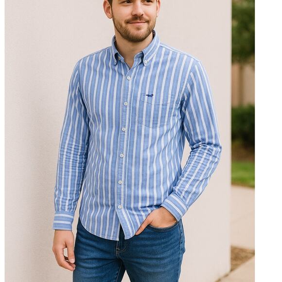 2/$30 Hollister Button Up Collar Shirt Pinstriped Blue Men's Large Career - Picture 1 of 10